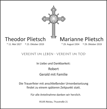 Traueranzeige von TheodorMarianne PlietschPlietsch von Frankenpost