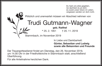 Traueranzeige von Trudi Gutmann-Wagner von Frankenpost