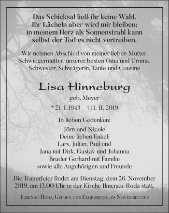 Traueranzeige von Lisa Hinneburg von Südthüringer Presse