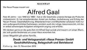 Traueranzeige von Alfred Gaal von Neue Presse Coburg