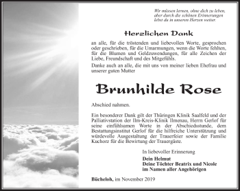Traueranzeige von Brunhilde Rose von Südthüringer Presse