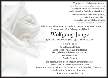 Traueranzeige von Wolfgang Junge von Südthüringer Presse