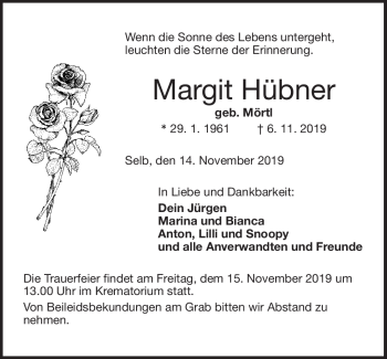 Traueranzeige von Margit Hübner von Frankenpost