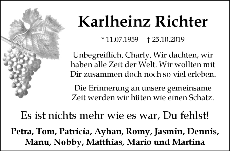  Traueranzeige für Karlheinz Richter vom 01.11.2019 aus Frankenpost