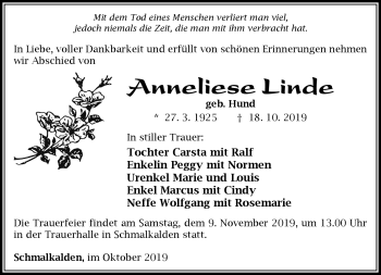 Traueranzeige von Anneliese Linde von Südthüringer Presse