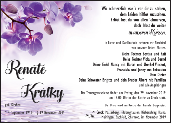 Traueranzeige von Renate Kratky von Südthüringer Presse