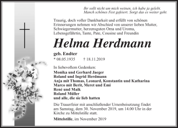 Traueranzeige von Helma Herdmann von Südthüringer Presse