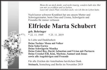 Traueranzeige von Elfriede Schubert von Südthüringer Presse