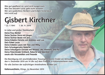 Traueranzeige von Gisbert Kirchner von Südthüringer Presse