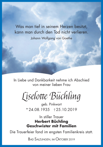 Traueranzeige von Lieselotte Büchling von Südthüringer Presse