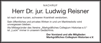 Traueranzeige von Ludwig Reisner von Frankenpost