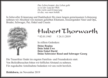 Traueranzeige von Hubert Thorwart von Südthüringer Presse