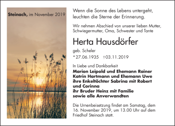 Traueranzeige von Herta Hausdörfer von Südthüringer Presse