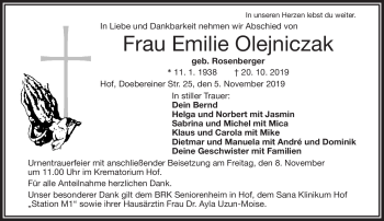 Traueranzeige von Emilie Olejniczak von Frankenpost
