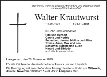 Traueranzeige von Walter Krautwurst von Neue Presse Coburg