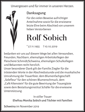 Traueranzeige von Rolf Sobich von Südthüringer Presse