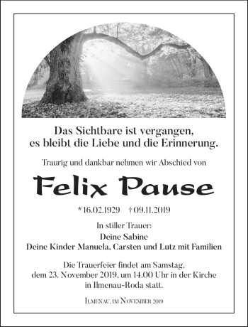 Traueranzeige von Felix Pause von Südthüringer Presse