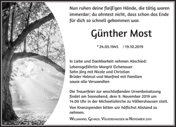 Traueranzeige von Günther Most von Südthüringer Presse