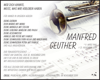 Traueranzeige von Manfred Geuther von Südthüringer Presse