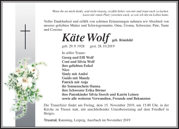 Traueranzeige von Käte Wolf von Südthüringer Presse