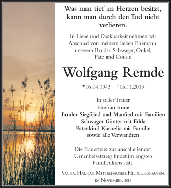 Traueranzeige von Wolfgang Remde von Südthüringer Presse