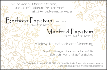 Traueranzeige von BarbaraManfred PapsteinPapstein von Südthüringer Presse