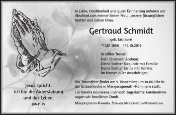 Traueranzeige von Gertraud Schmidt von Südthüringer Presse