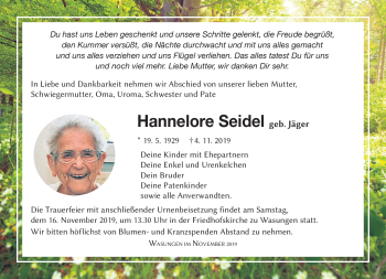 Traueranzeige von Hannelore Seidel von Südthüringer Presse