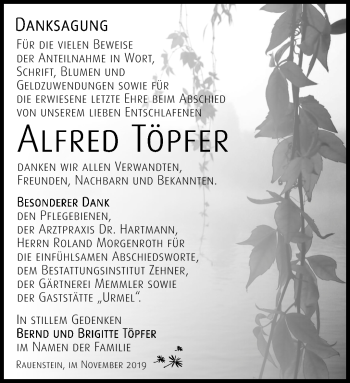 Traueranzeige von Alfred Töpfer von Südthüringer Presse