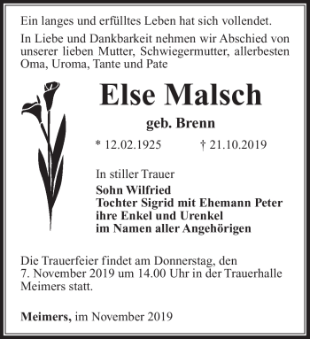 Traueranzeige von Else Malsch von Südthüringer Presse