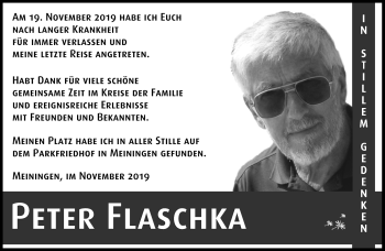 Traueranzeige von Peter Flaschka von Südthüringer Presse