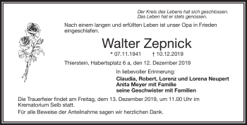 Traueranzeige von Walter Zepnick von Frankenpost