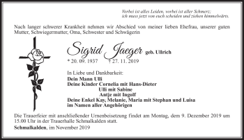 Traueranzeige von Sigrid Jäger von Südthüringer Presse
