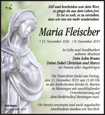 Traueranzeige von Maria Fleischer von Südthüringer Presse