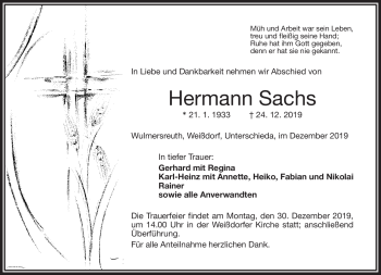 Traueranzeige von Herrmann Sachs von Frankenpost
