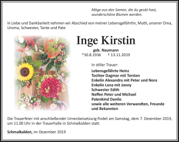 Traueranzeige von Inge Kristin von Südthüringer Presse