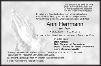 Traueranzeige von Anni Herrmann von Frankenpost