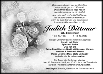 Traueranzeige von Judith Dittmar von Südthüringer Presse
