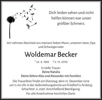 Traueranzeige von Woldemar Becker von Frankenpost
