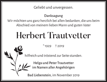 Traueranzeige von Herbert Trautvetter von Südthüringer Presse