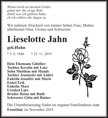 Traueranzeige von Lieselotte Jahn von Südthüringer Presse