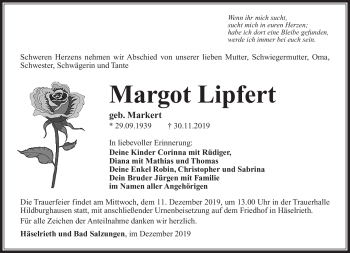 Traueranzeige von Margot Lipfert von Südthüringer Presse