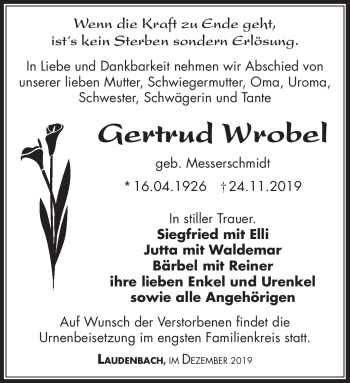 Traueranzeige von Gertrud Wrobel von Südthüringer Presse