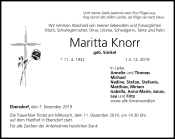 Traueranzeige von Maritta Knorr von Neue Presse Coburg