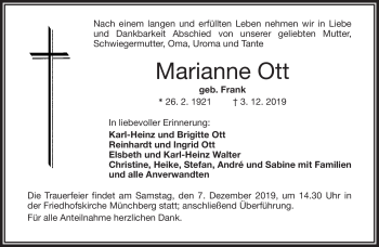 Traueranzeige von Marianne Ott von Frankenpost