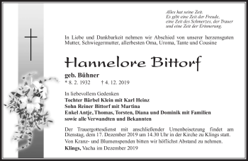 Traueranzeige von Hannelore Bittrof von Südthüringer Presse