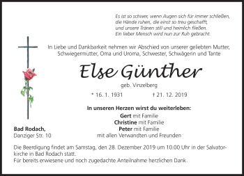Traueranzeige von Else Günther von Neue Presse Coburg