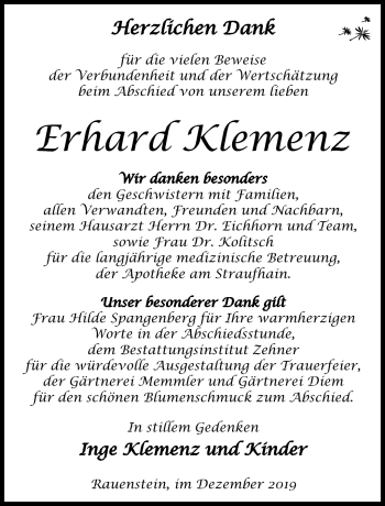 Traueranzeige von Erhard Klemenz von Südthüringer Presse