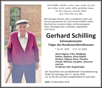Traueranzeige von Gerhard Schilling von Südthüringer Presse