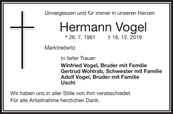 Traueranzeige von Hermann Vogel von Frankenpost
